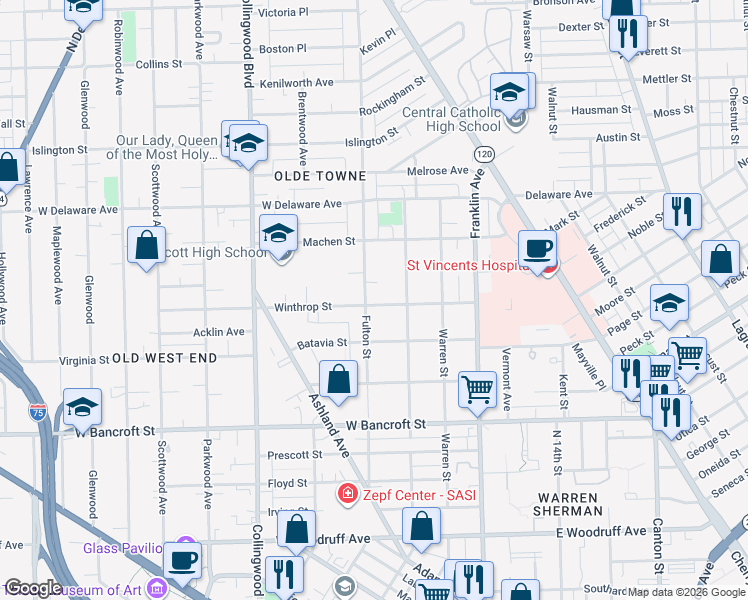 map of restaurants, bars, coffee shops, grocery stores, and more near 2364 Fulton Street in Toledo