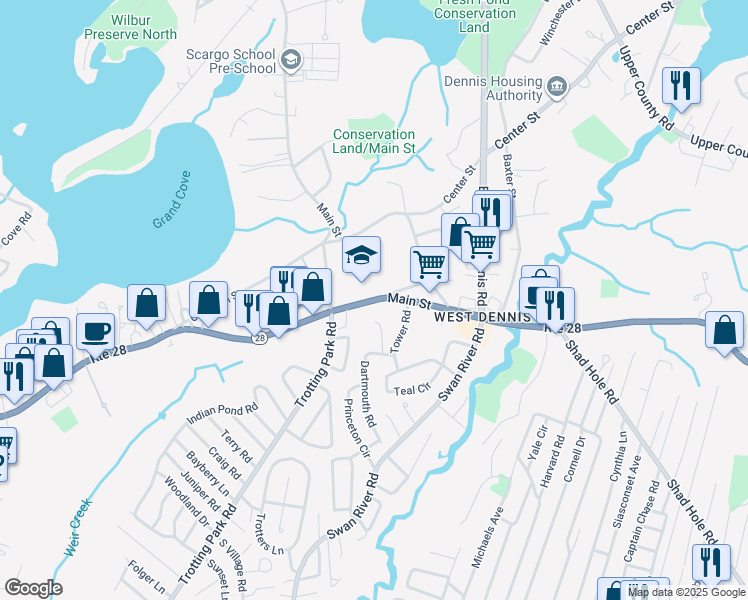 map of restaurants, bars, coffee shops, grocery stores, and more near 810 Route 28 in Dennis