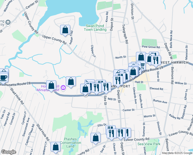 map of restaurants, bars, coffee shops, grocery stores, and more near 317 Sea Street in Dennis