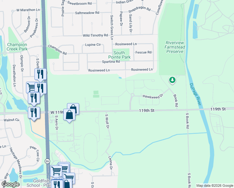 map of restaurants, bars, coffee shops, grocery stores, and more near Hawkweed Drive in Naperville