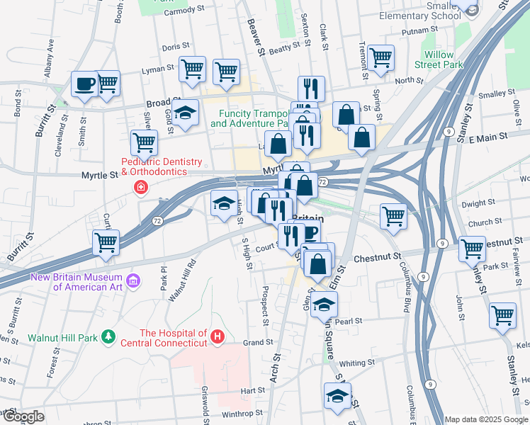 map of restaurants, bars, coffee shops, grocery stores, and more near 14 Washington Street in New Britain