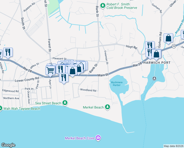 map of restaurants, bars, coffee shops, grocery stores, and more near 604 Main Street in Harwich