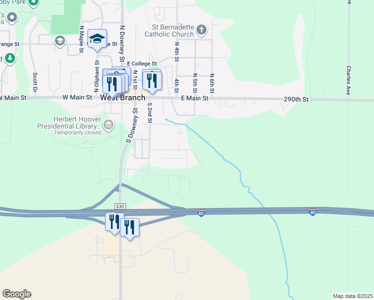 map of restaurants, bars, coffee shops, grocery stores, and more near 388 South Maple Street in West Branch