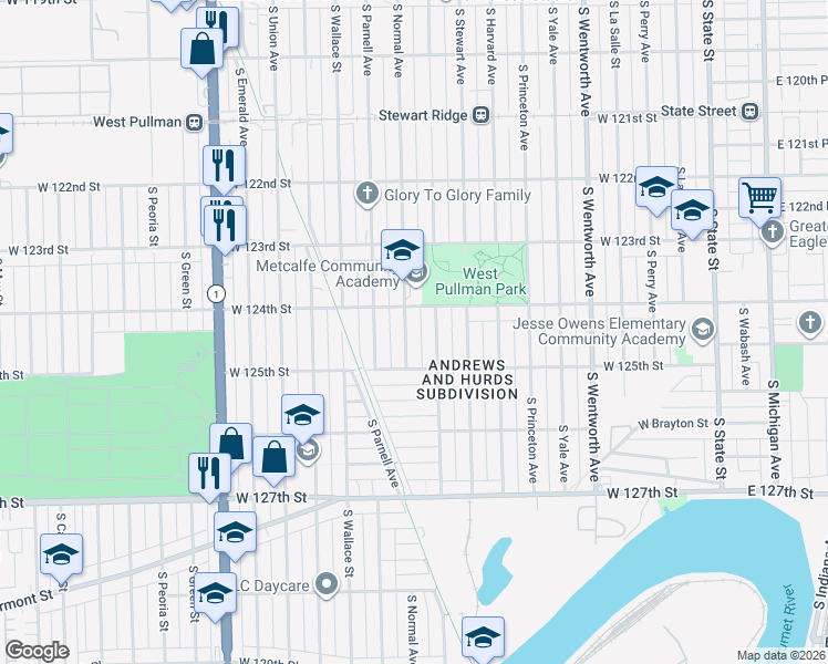 map of restaurants, bars, coffee shops, grocery stores, and more near 12408 South Normal Avenue in Chicago