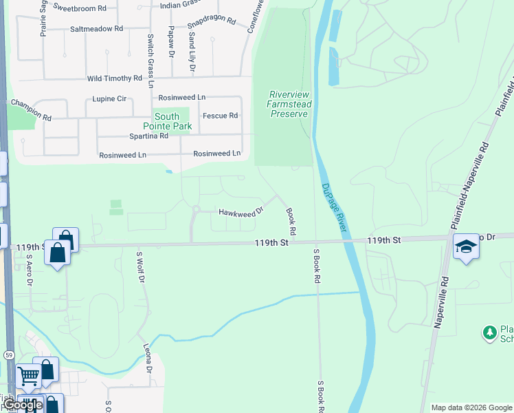 map of restaurants, bars, coffee shops, grocery stores, and more near 5751 Rosinweed Ln in Naperville