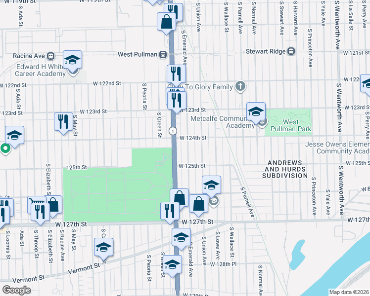 map of restaurants, bars, coffee shops, grocery stores, and more near 12422 South Emerald Avenue in Chicago