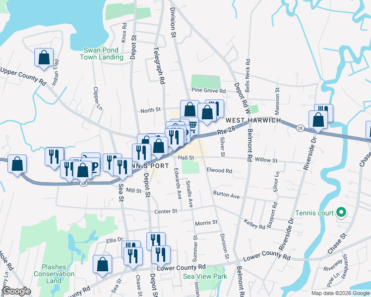 map of restaurants, bars, coffee shops, grocery stores, and more near 691 Main Street in Dennis