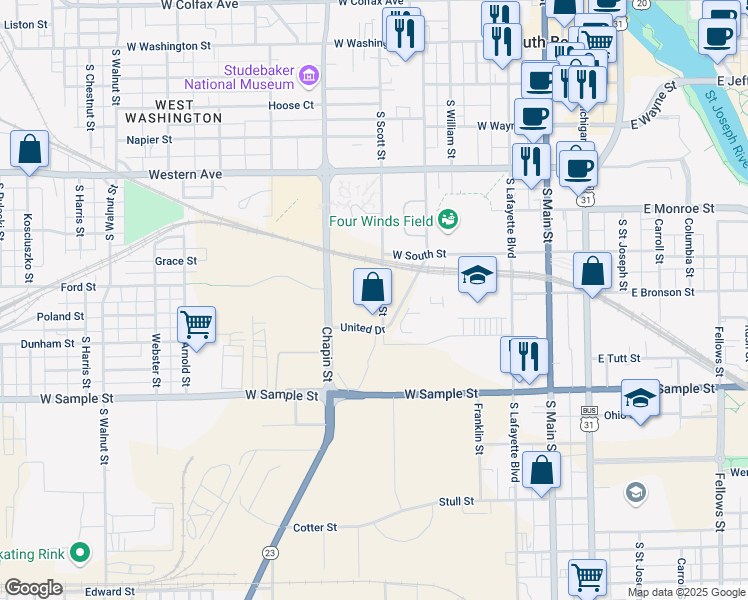 map of restaurants, bars, coffee shops, grocery stores, and more near 601-799 South Scott Street in South Bend