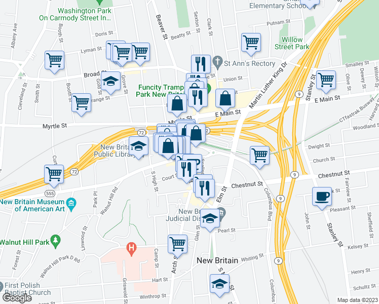 map of restaurants, bars, coffee shops, grocery stores, and more near 271 Main Street in New Britain