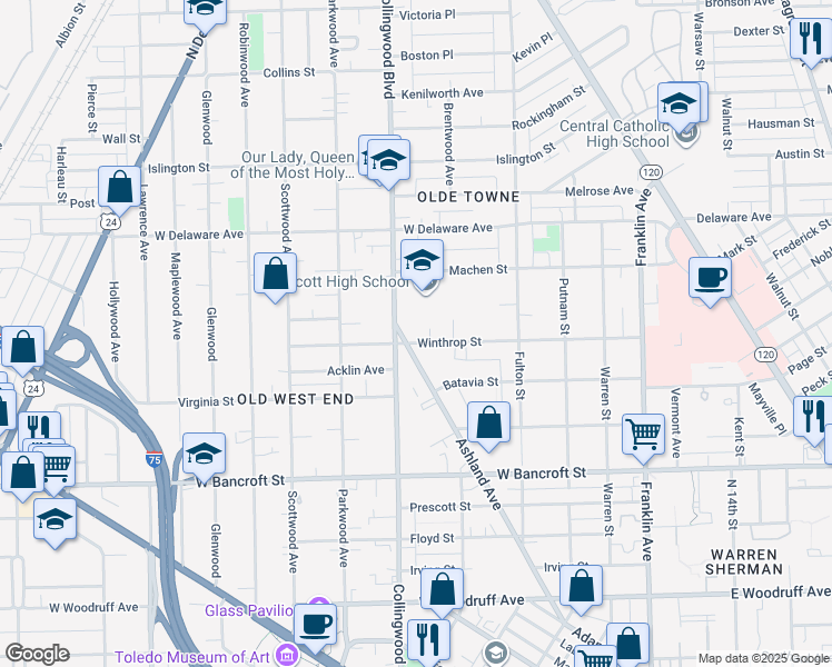 map of restaurants, bars, coffee shops, grocery stores, and more near 2400 Collingwood Boulevard in Toledo