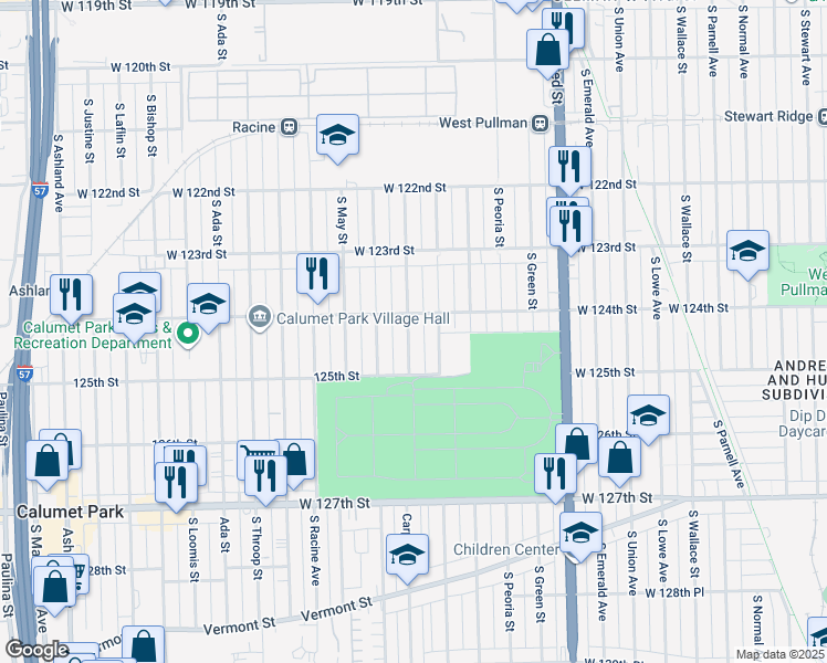 map of restaurants, bars, coffee shops, grocery stores, and more near 12413 South Carpenter Street in Calumet Park