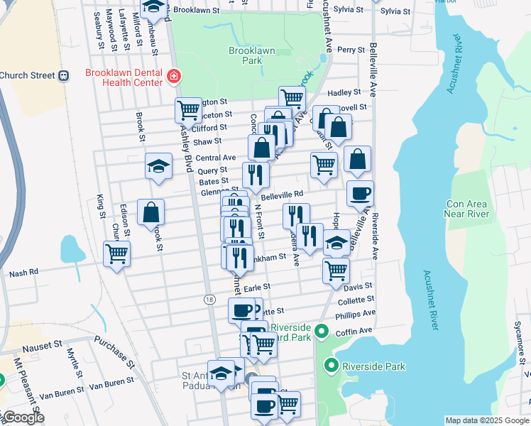 map of restaurants, bars, coffee shops, grocery stores, and more near 570 North Front Street in New Bedford