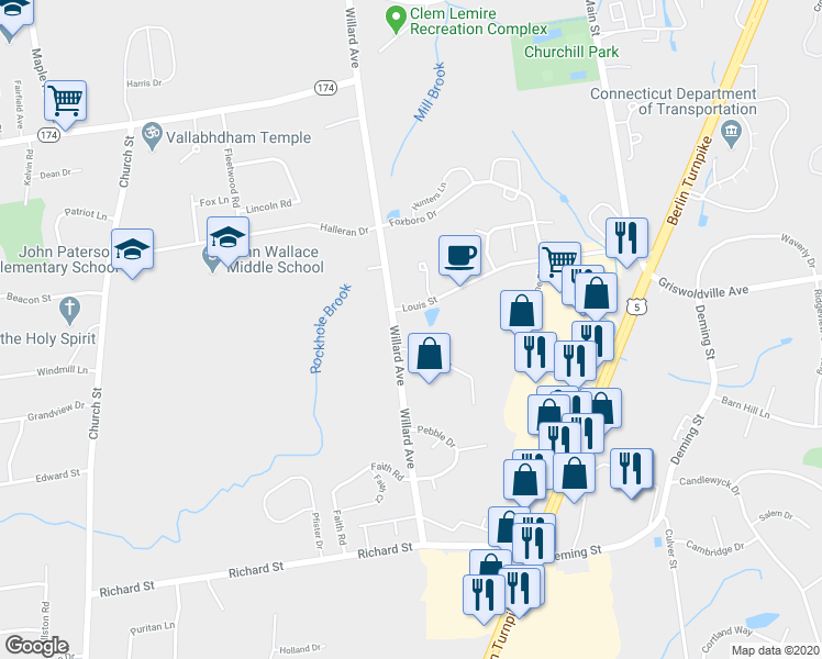 map of restaurants, bars, coffee shops, grocery stores, and more near 1572 Willard Avenue in Newington