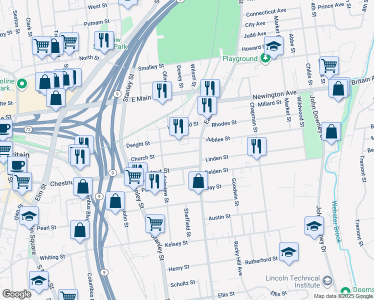 map of restaurants, bars, coffee shops, grocery stores, and more near 155 Dwight Street in New Britain