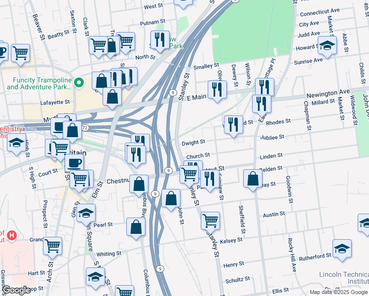 map of restaurants, bars, coffee shops, grocery stores, and more near 34 Dwight Street in New Britain
