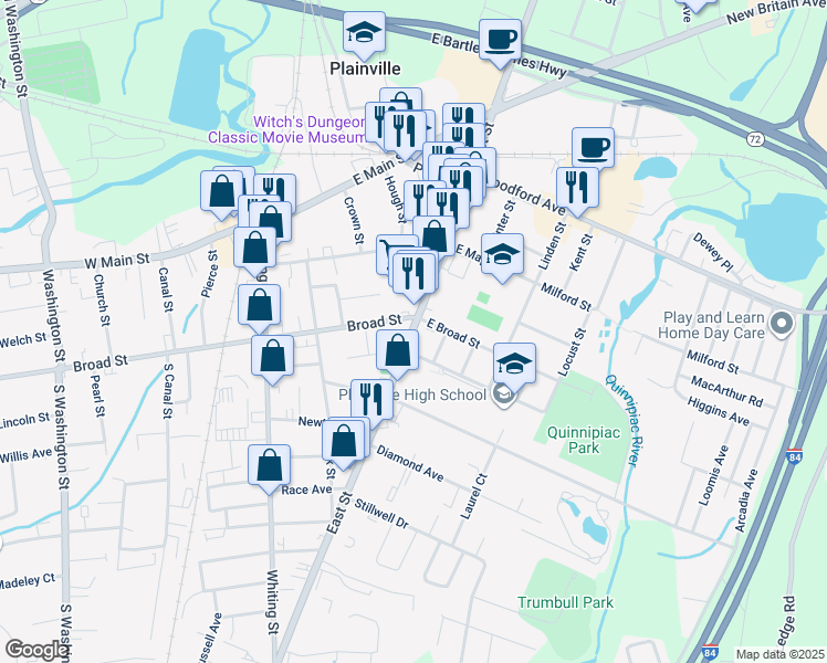 map of restaurants, bars, coffee shops, grocery stores, and more near 5 Broad Street in Plainville