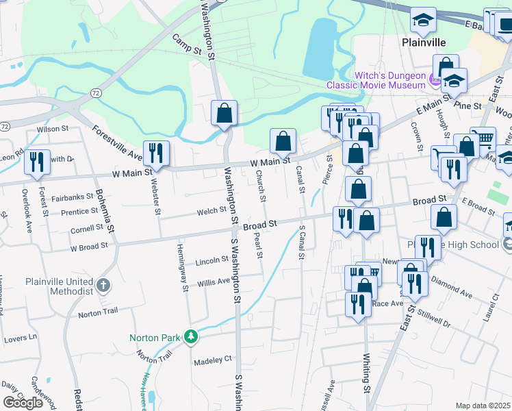 map of restaurants, bars, coffee shops, grocery stores, and more near 26 Washington Street in Plainville