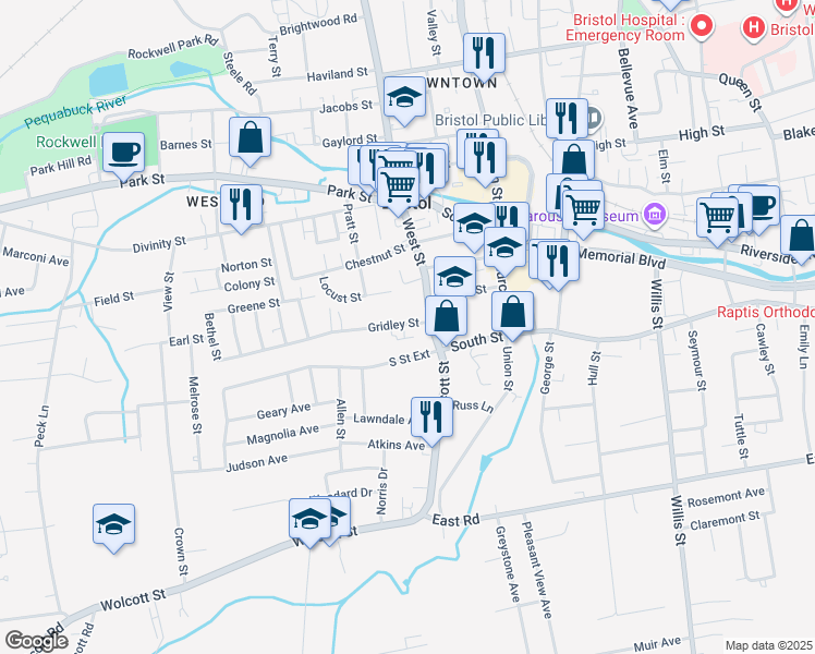 map of restaurants, bars, coffee shops, grocery stores, and more near 30 Gridley Street in Bristol