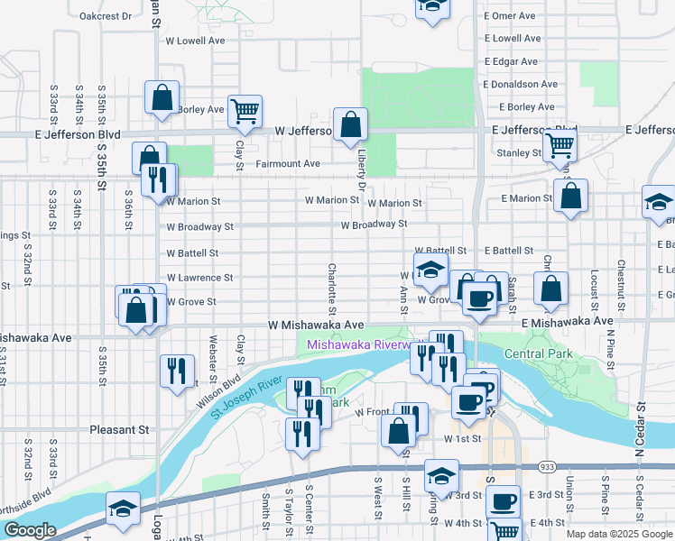 map of restaurants, bars, coffee shops, grocery stores, and more near 503 West Battell Street in Mishawaka