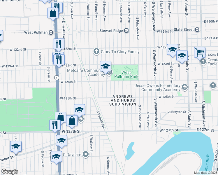 map of restaurants, bars, coffee shops, grocery stores, and more near 12408 South Normal Avenue in Chicago