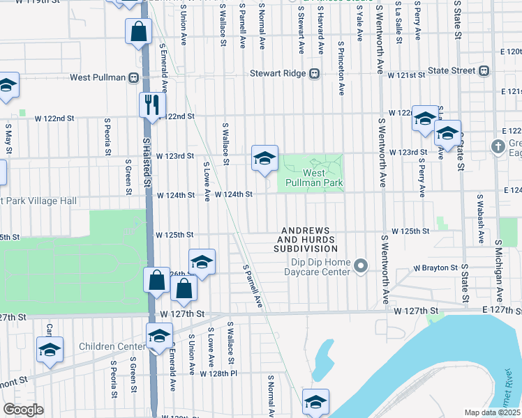 map of restaurants, bars, coffee shops, grocery stores, and more near 12408 South Normal Avenue in Chicago