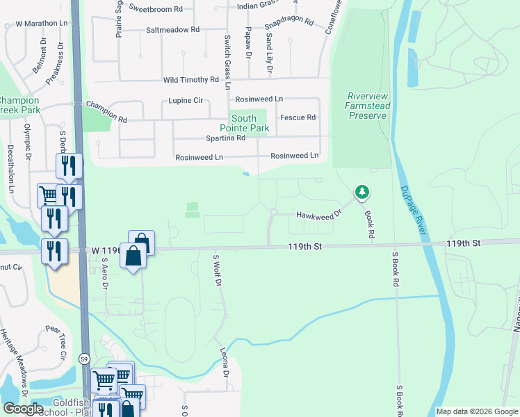 map of restaurants, bars, coffee shops, grocery stores, and more near Hawkweed Drive in Naperville