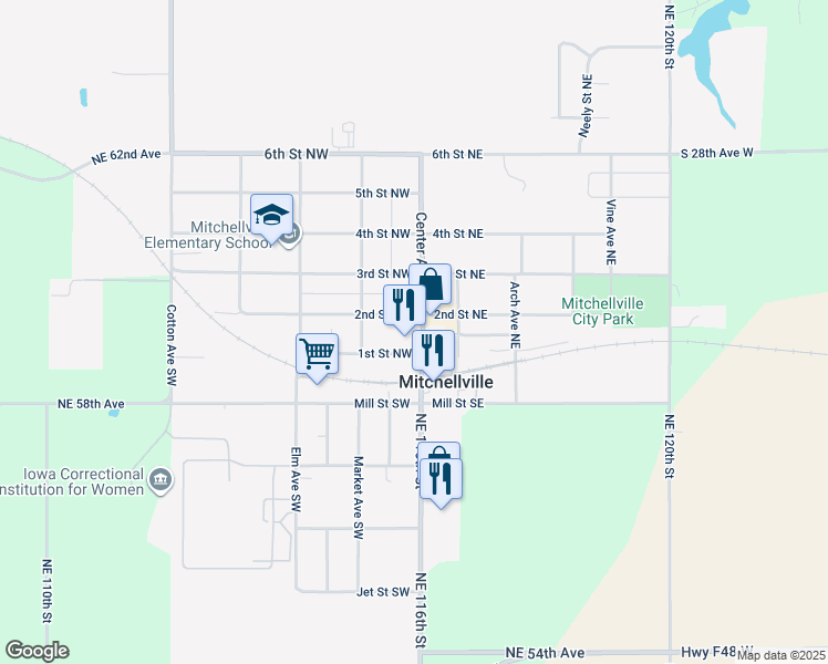 map of restaurants, bars, coffee shops, grocery stores, and more near 102 2nd Street Northwest in Mitchellville
