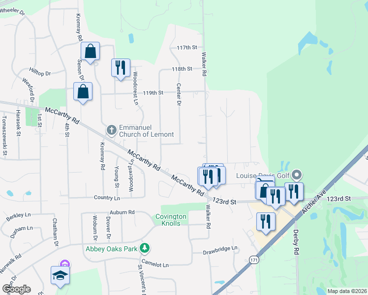 map of restaurants, bars, coffee shops, grocery stores, and more near 1219 121st Street in Lemont