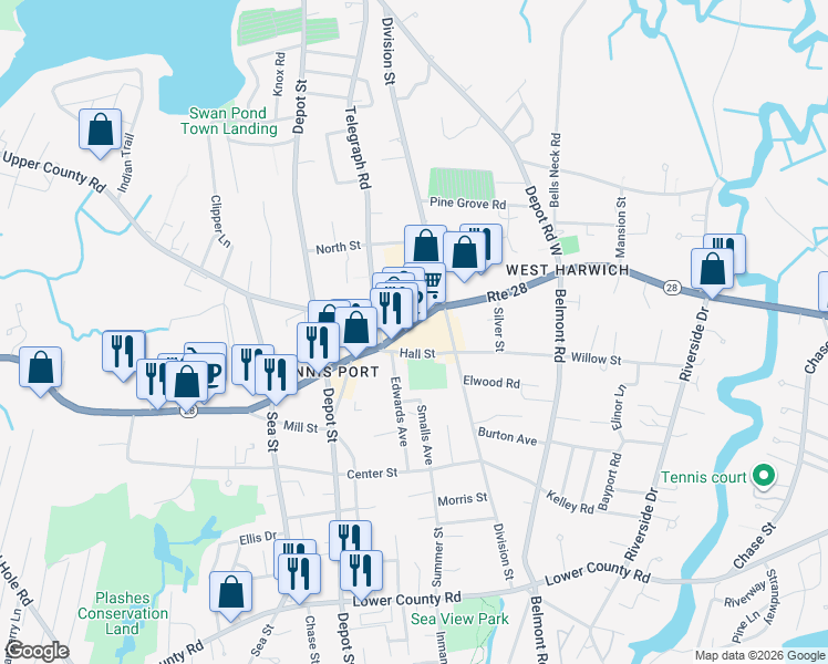 map of restaurants, bars, coffee shops, grocery stores, and more near 691 Main Street in Dennis