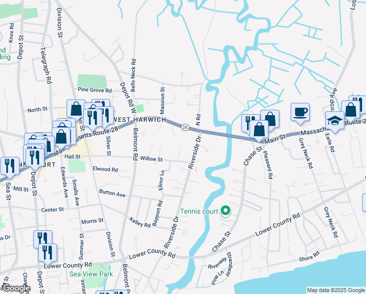 map of restaurants, bars, coffee shops, grocery stores, and more near 12 Berry Way in Harwich