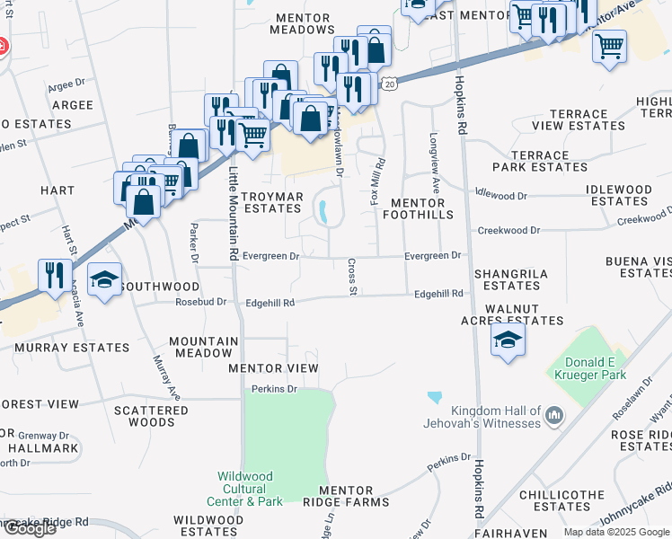 map of restaurants, bars, coffee shops, grocery stores, and more near 8860 Evergreen Drive in Mentor