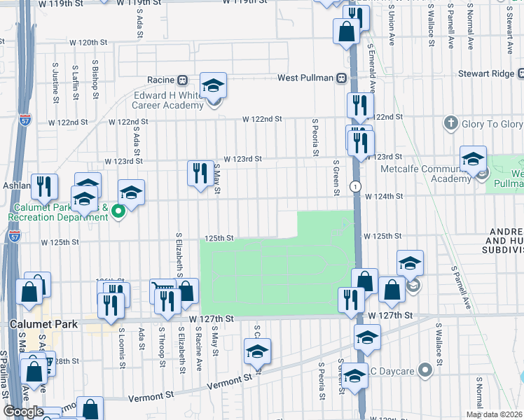 map of restaurants, bars, coffee shops, grocery stores, and more near 12413 South Carpenter Street in Calumet Park