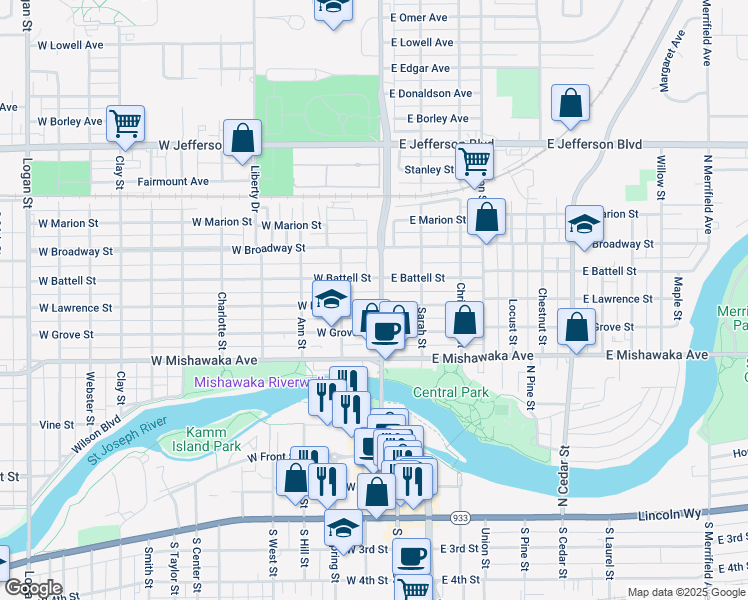 map of restaurants, bars, coffee shops, grocery stores, and more near 803 North Main Street in Mishawaka