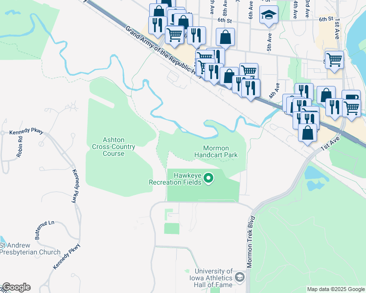 map of restaurants, bars, coffee shops, grocery stores, and more near 2820 Prairie Meadow Drive in Iowa City