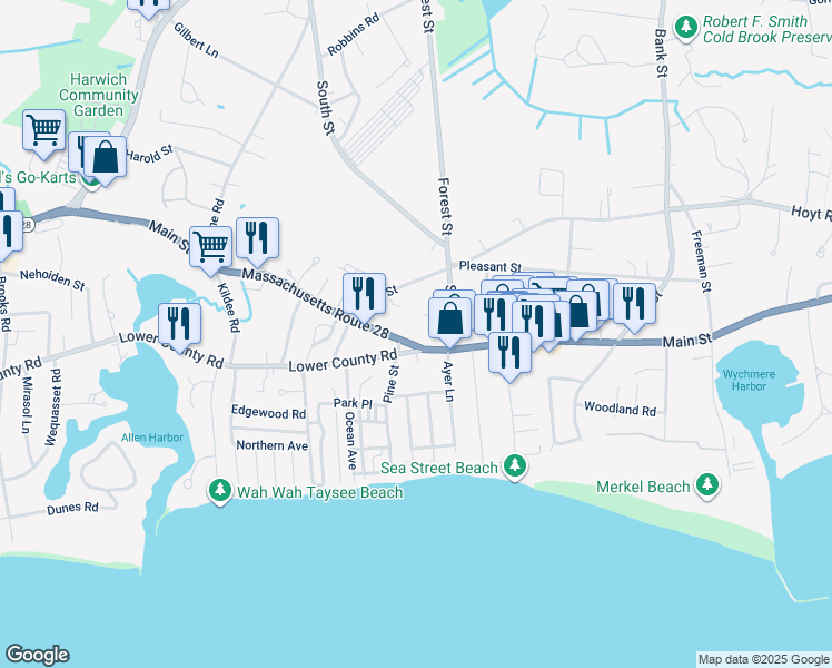 map of restaurants, bars, coffee shops, grocery stores, and more near 11 Helena Avenue in Harwich