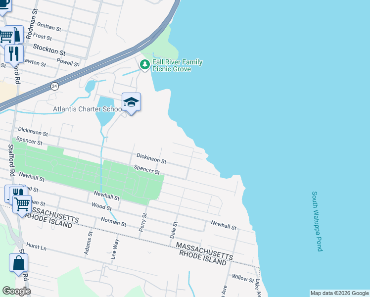 map of restaurants, bars, coffee shops, grocery stores, and more near 96 Hiatt Street in Fall River