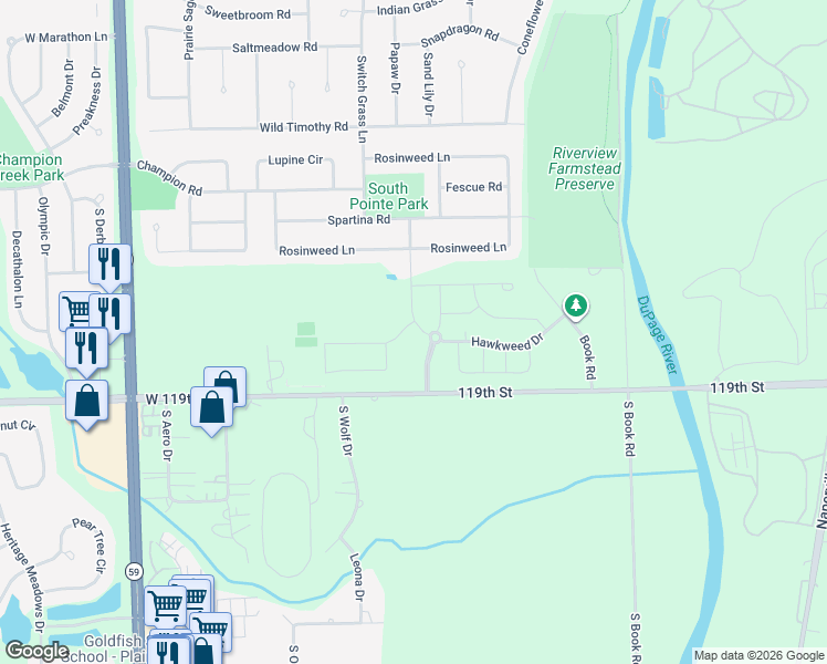 map of restaurants, bars, coffee shops, grocery stores, and more near Hawkweed Drive in Naperville