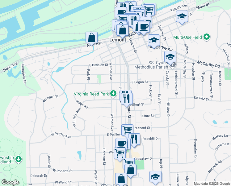 map of restaurants, bars, coffee shops, grocery stores, and more near 721 Warner Avenue in Lemont