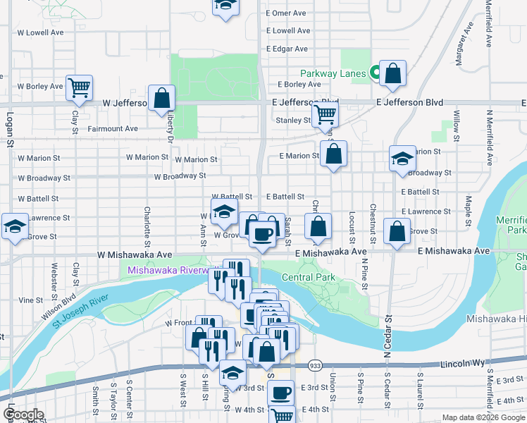 map of restaurants, bars, coffee shops, grocery stores, and more near 812 North Main Street in Mishawaka