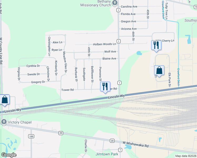 map of restaurants, bars, coffee shops, grocery stores, and more near 56902 Bellflower Street in Elkhart