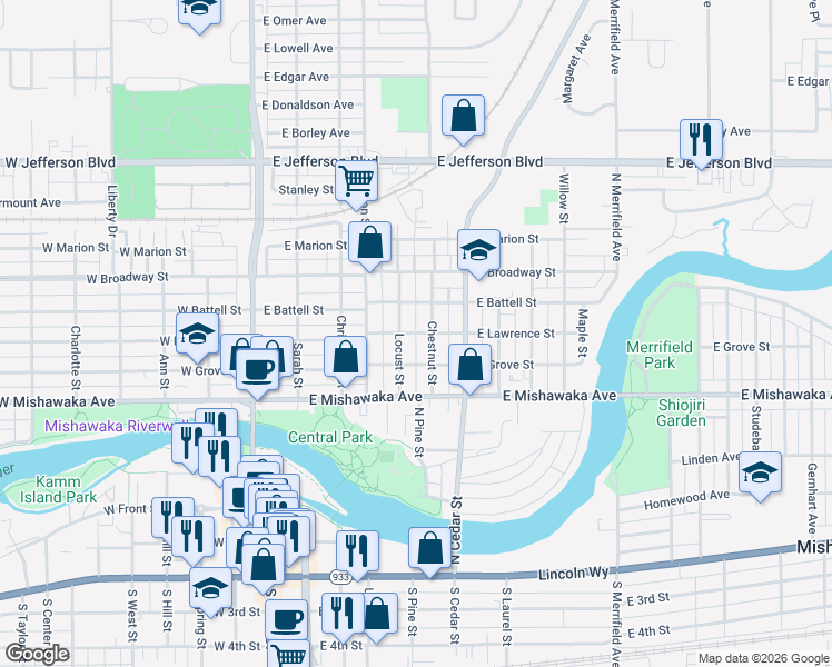map of restaurants, bars, coffee shops, grocery stores, and more near 511 East Lawrence Street in Mishawaka