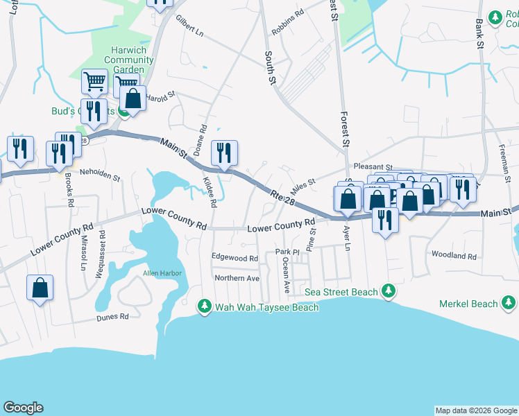 map of restaurants, bars, coffee shops, grocery stores, and more near 32 Lincoln Village Road in Harwich