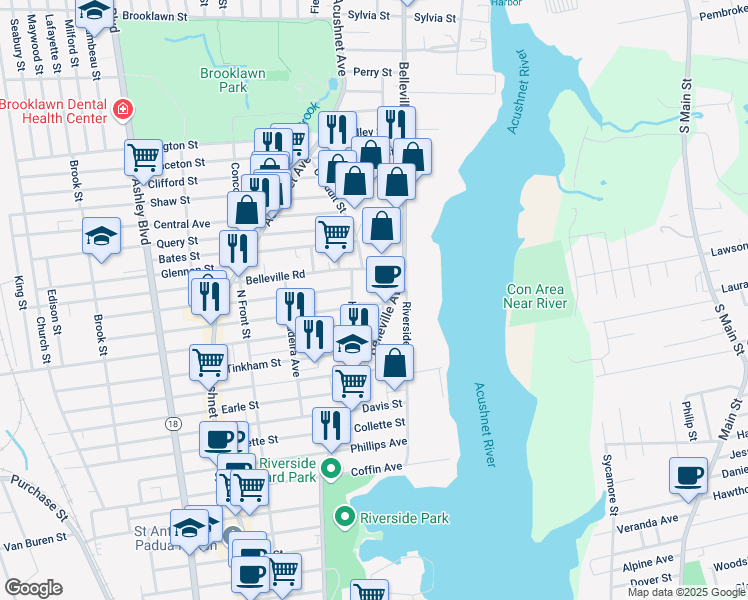 map of restaurants, bars, coffee shops, grocery stores, and more near 27 Whitman Street in New Bedford
