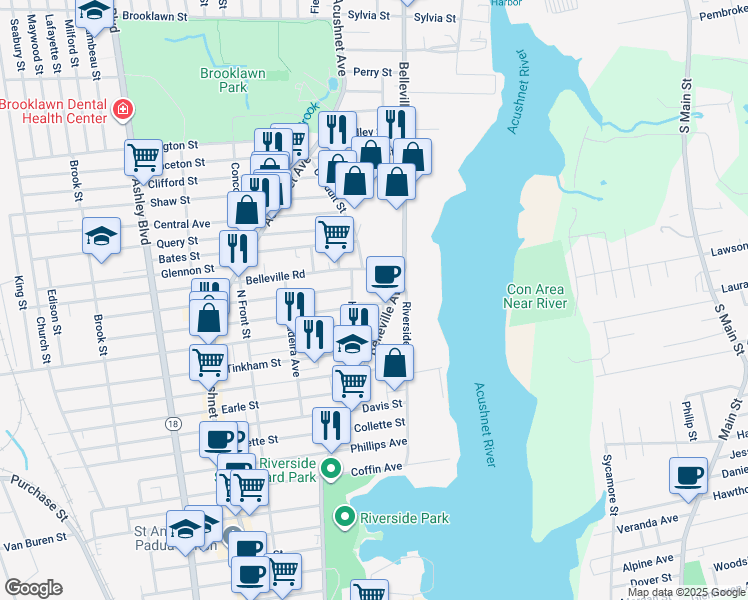 map of restaurants, bars, coffee shops, grocery stores, and more near 27 Whitman Street in New Bedford