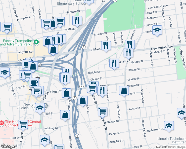 map of restaurants, bars, coffee shops, grocery stores, and more near 34 Dwight Street in New Britain