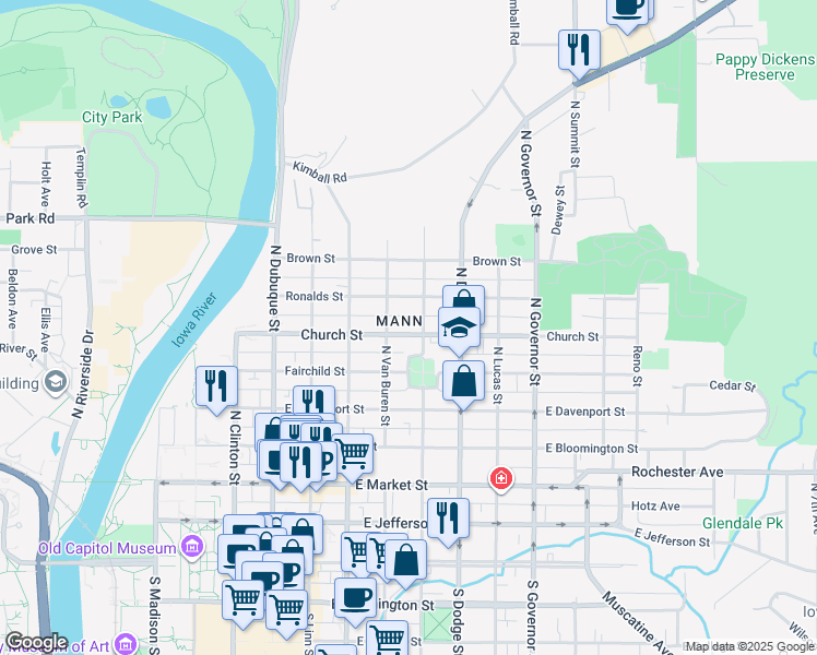 map of restaurants, bars, coffee shops, grocery stores, and more near 614 North Johnson Street in Iowa City