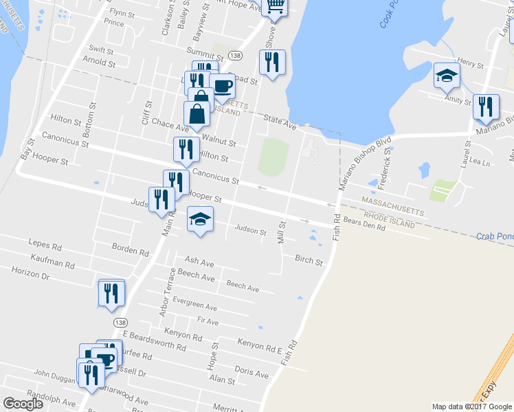 map of restaurants, bars, coffee shops, grocery stores, and more near 392 Hooper Street in Tiverton