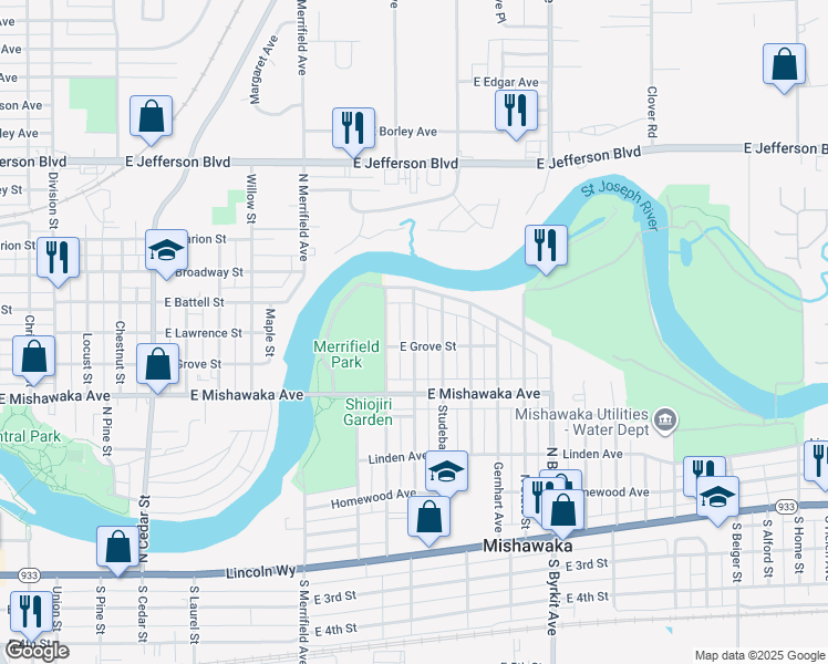 map of restaurants, bars, coffee shops, grocery stores, and more near 714 North Wenger Avenue in Mishawaka