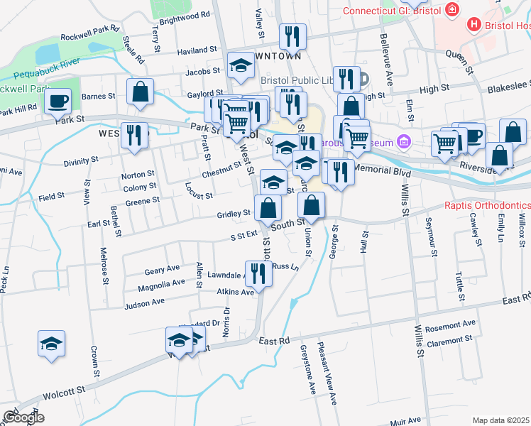 map of restaurants, bars, coffee shops, grocery stores, and more near 40 West Street in Bristol