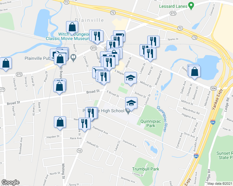 map of restaurants, bars, coffee shops, grocery stores, and more near 21 East Broad Street in Plainville
